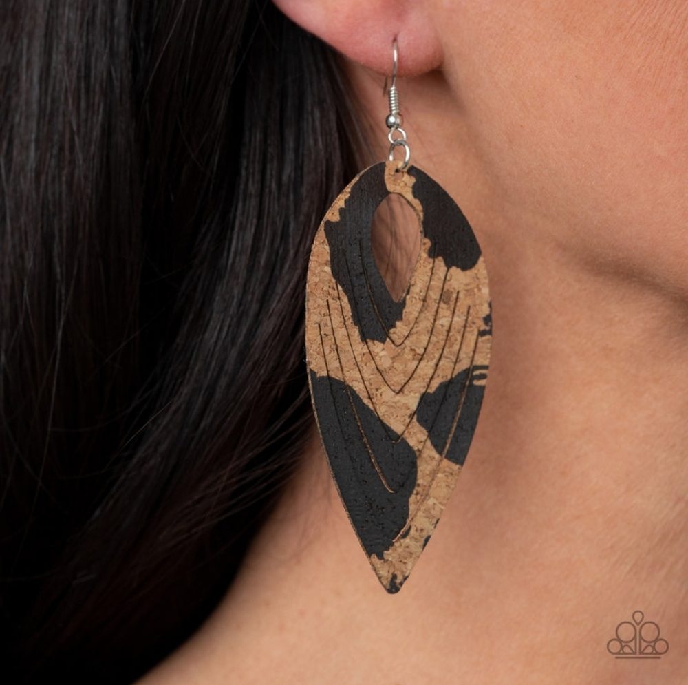 Brand New Paparazzi Earrings Cork Cabana Black and Brown Teardrop Earrings